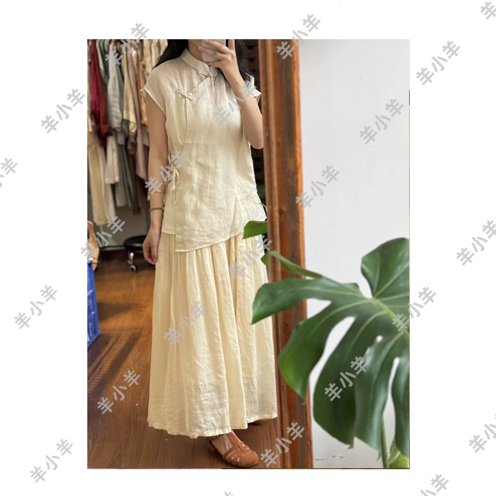 【羊小羊】228甜也  夏季日系苎麻宽松无袖盘扣新中式夏款小衫套装