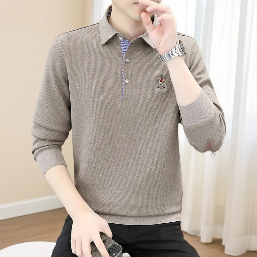 欧米朵衬衫翻领男士保暖内衣商务打底寸衣长袖t恤POLO衫加绒卫衣