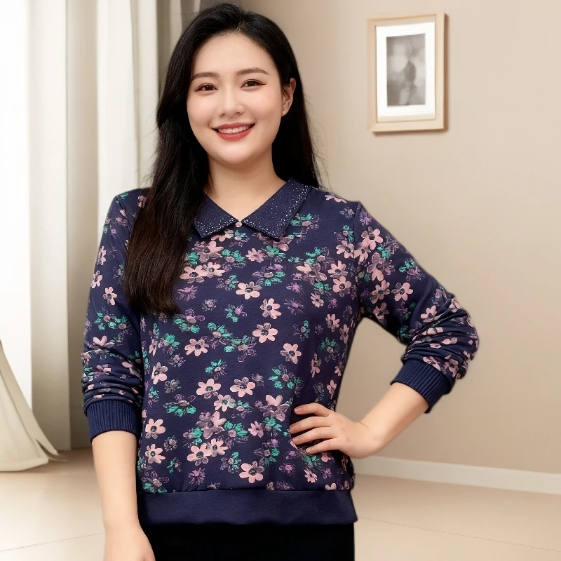 秋季女装上衣翻领妈妈装紫色花卉长袖中老年女装重工亲肤面料