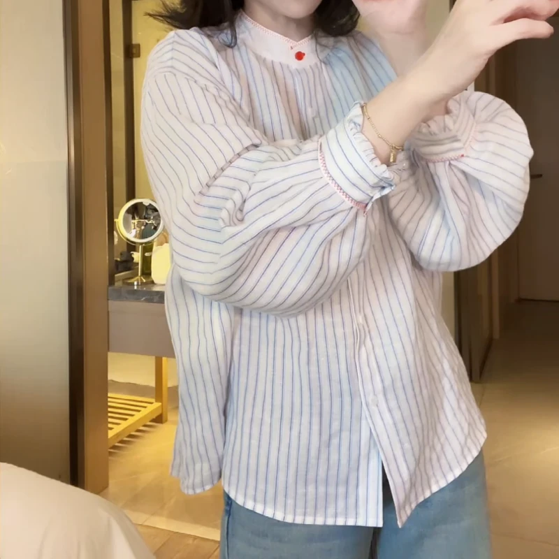 2025春季通勤气质蓝色条纹撞色百搭显瘦减龄衬衫LK2501293