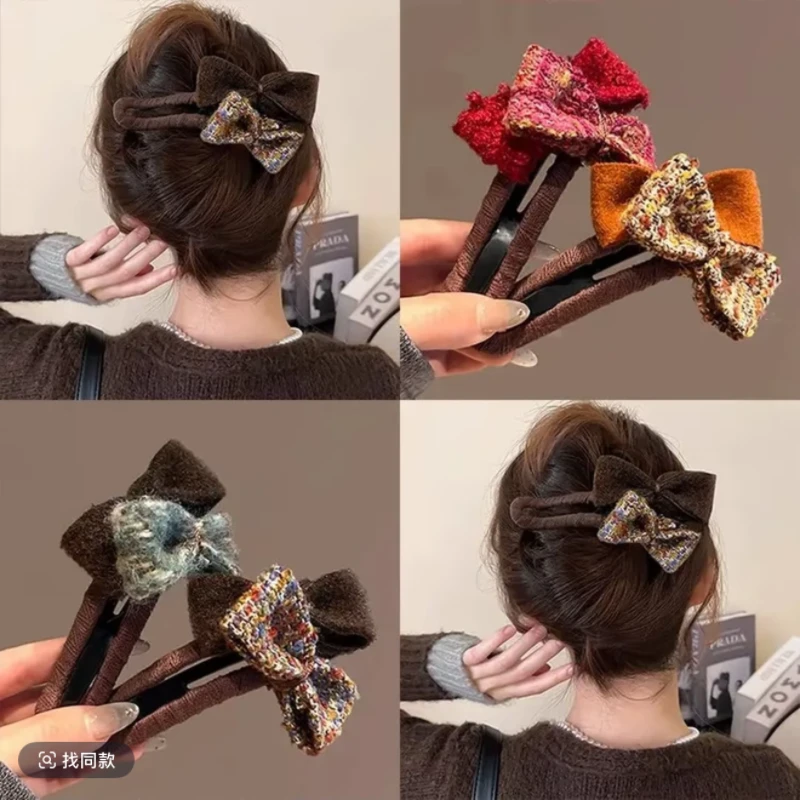 小香风蝴蝶结毛绒鸭嘴夹后脑勺盘发一字夹甜美半扎发夹气质马尾夹