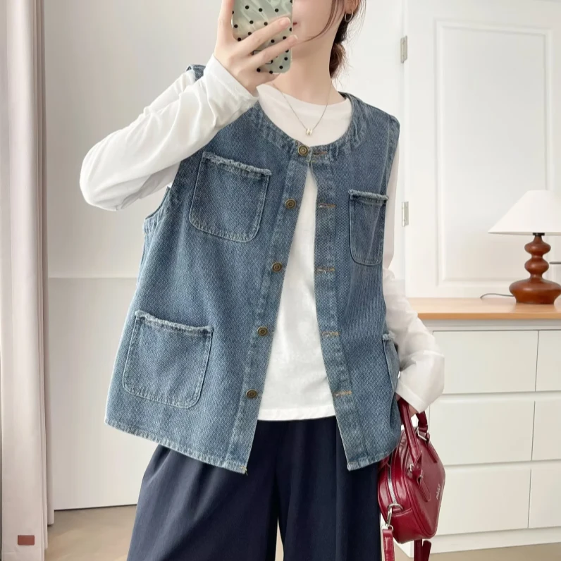 大码女装2025春秋新款胖mm显瘦遮肚牛仔马甲背心宽松百搭无袖上衣
