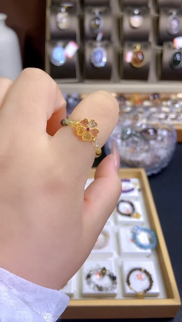 【闪购商品】水晶戒指银S925镶嵌碧玺花