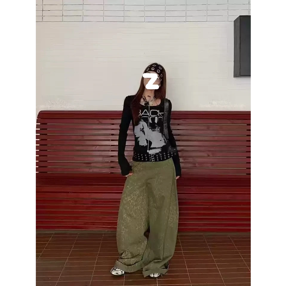 美式复古辣妹风人像印花长袖T恤女修身显瘦小众圆领上衣秋