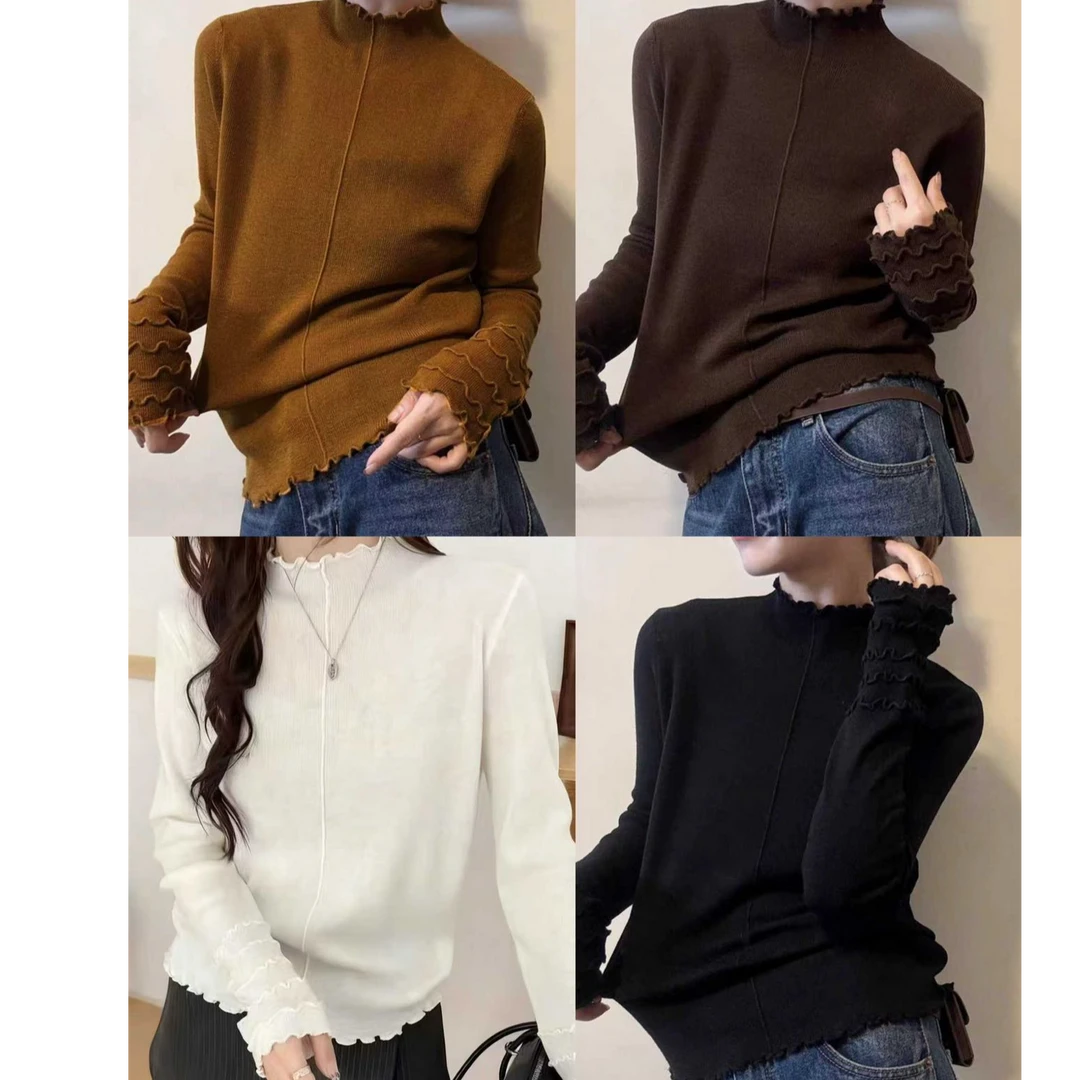木耳边秋冬保暖设计感高领长袖打底衫修身显瘦时尚百搭简约上衣女