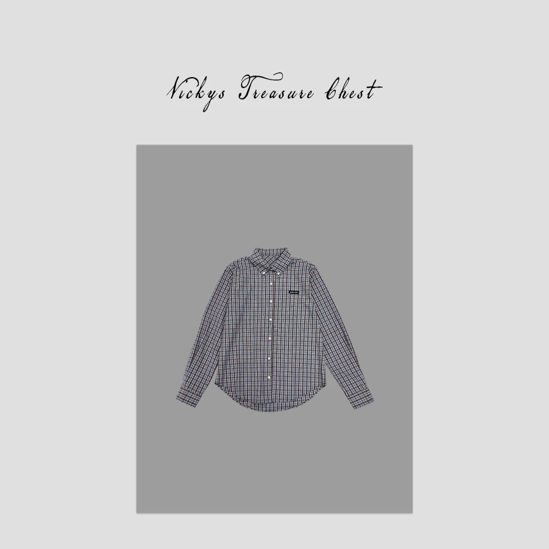 复古学院风 徽标刺绣蓝棕撞色格纹显白百搭长袖翻领衬衣8506