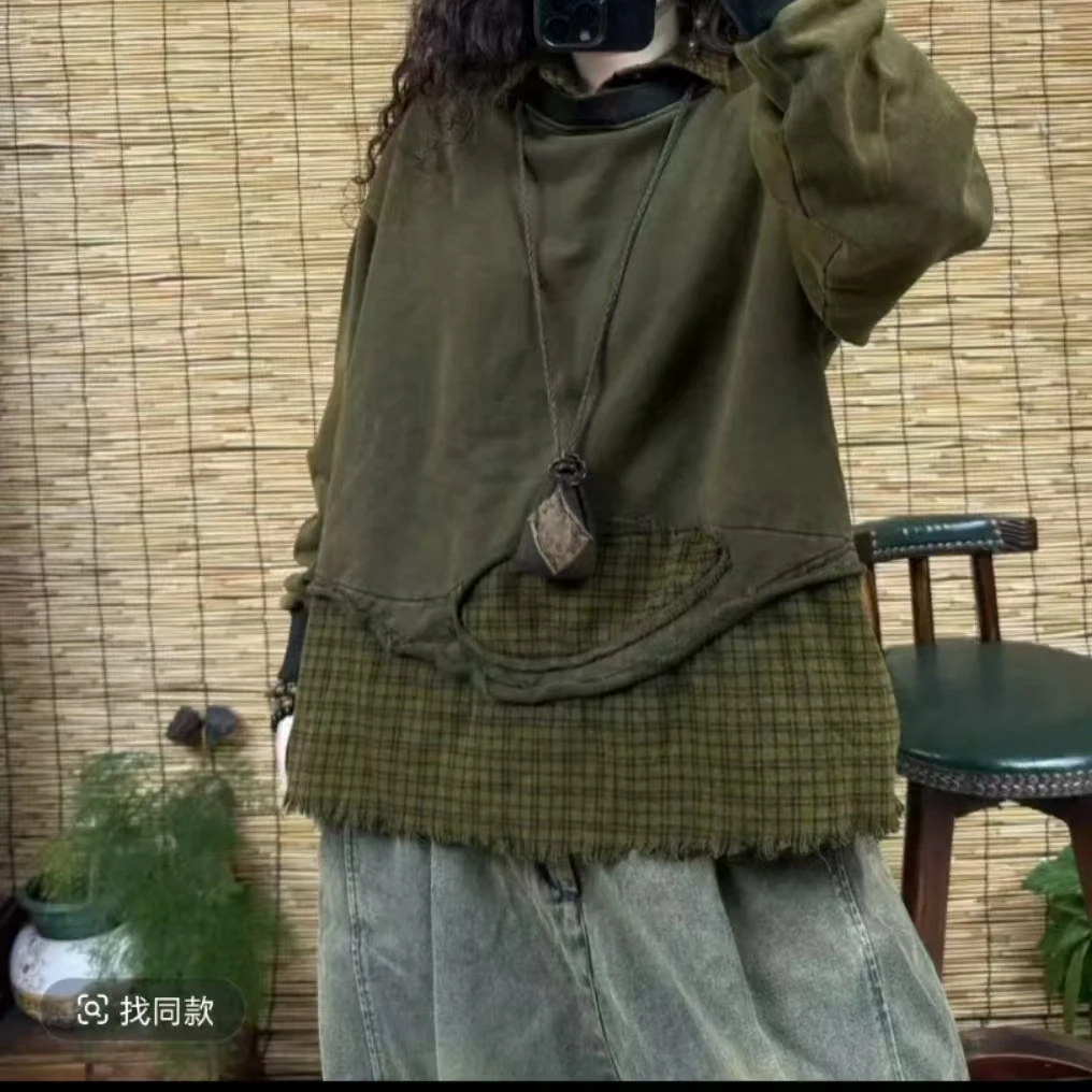 新款休闲时尚宽松百搭做旧假两件春秋女士卫衣（衣长66胸围150）