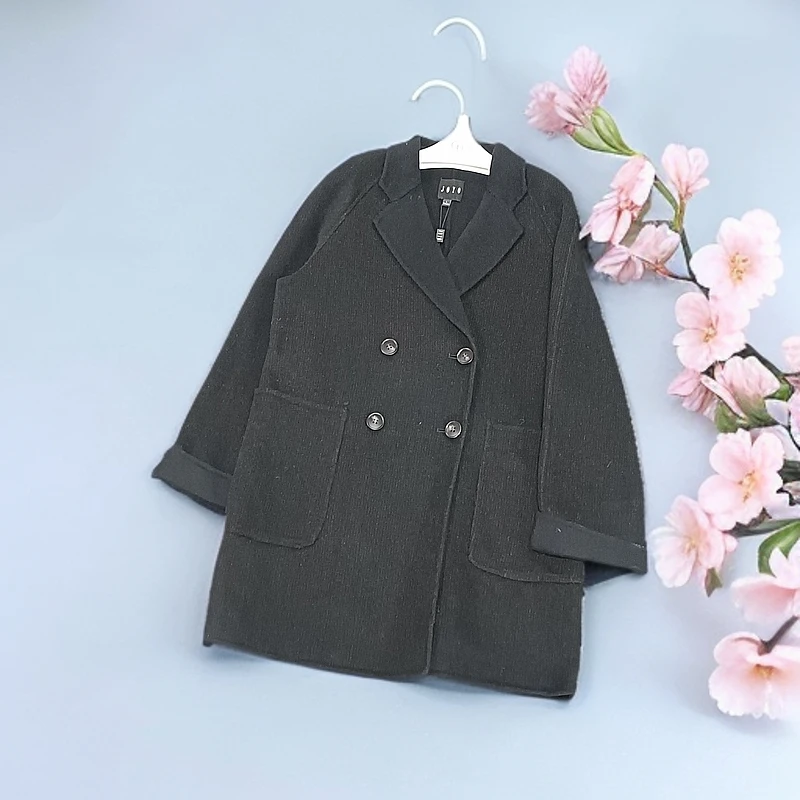 秋冬新款西装领双排扣中长款外套9036