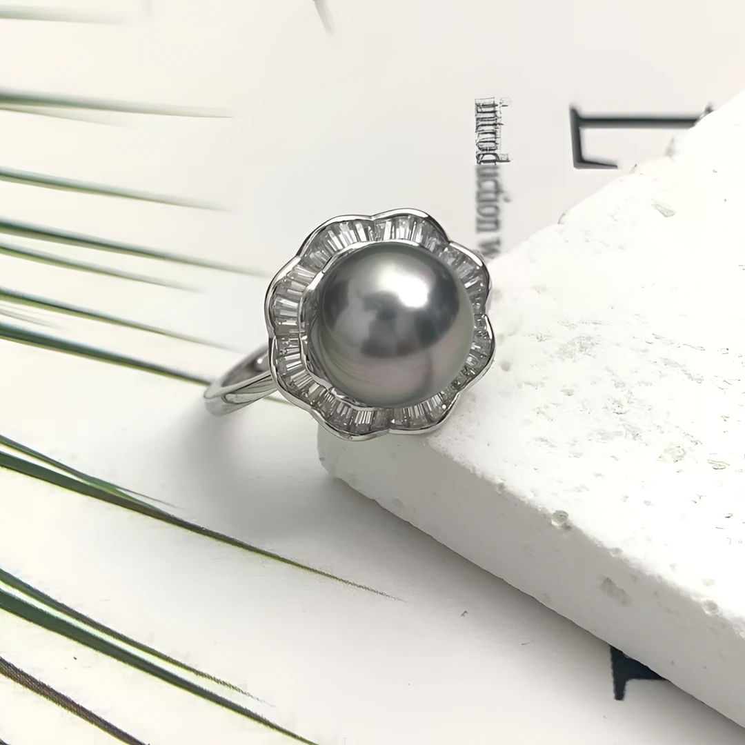 天然海水珍珠大溪地铂金灰戒指 10-11mm