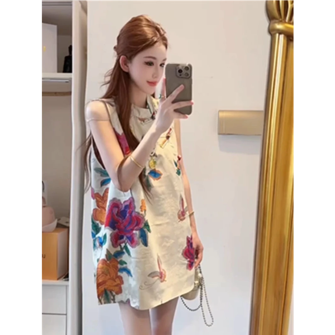 新中式国风印花立领无袖衬衫女2025夏季气质减龄盘扣坎肩背心上衣