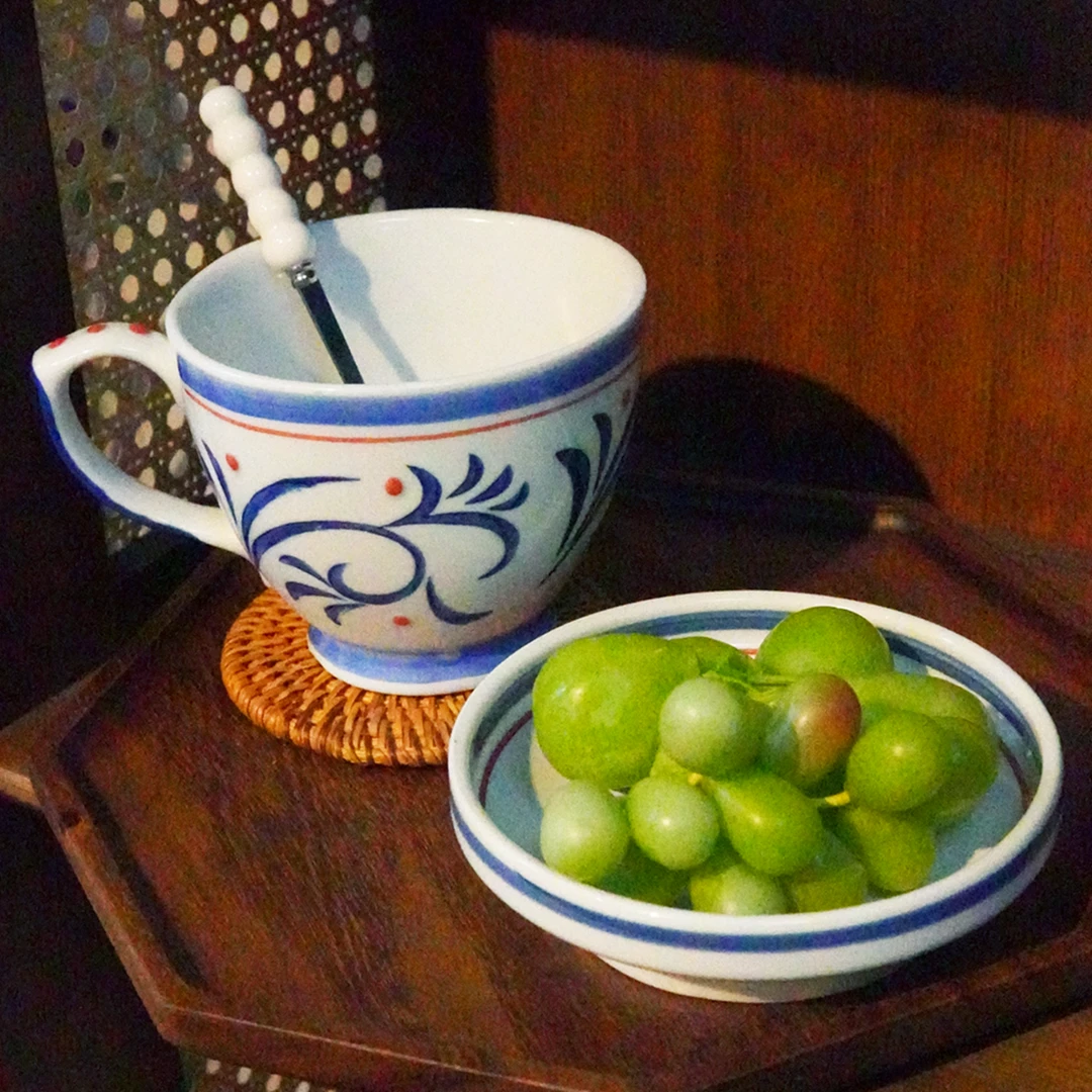 RIGEIAN/瑞涧【早餐杯三件套】红豆卷草新中式手工家用陶瓷高温