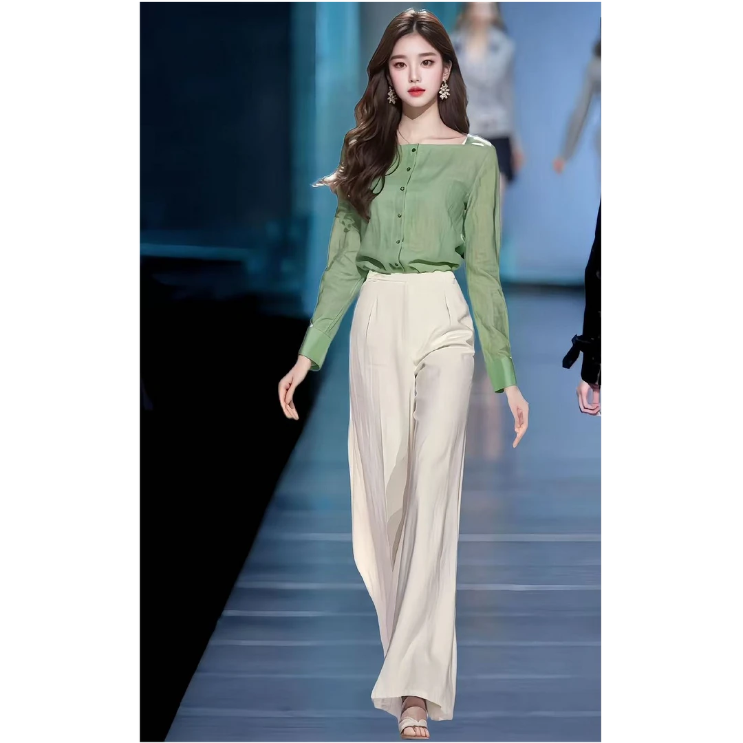 夏天搭配一整套时髦时尚洋气高冷女神绿色上衣女高腰休闲裤子套装