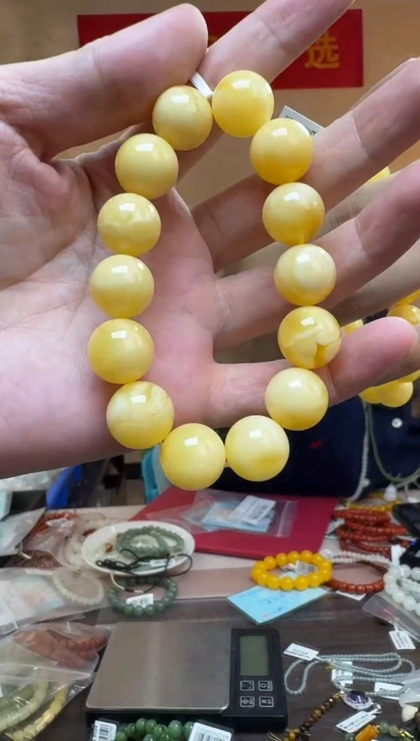 手链琥珀未镶嵌约13mm俄料白花满蜜蜜蜡圆珠单圈手串
