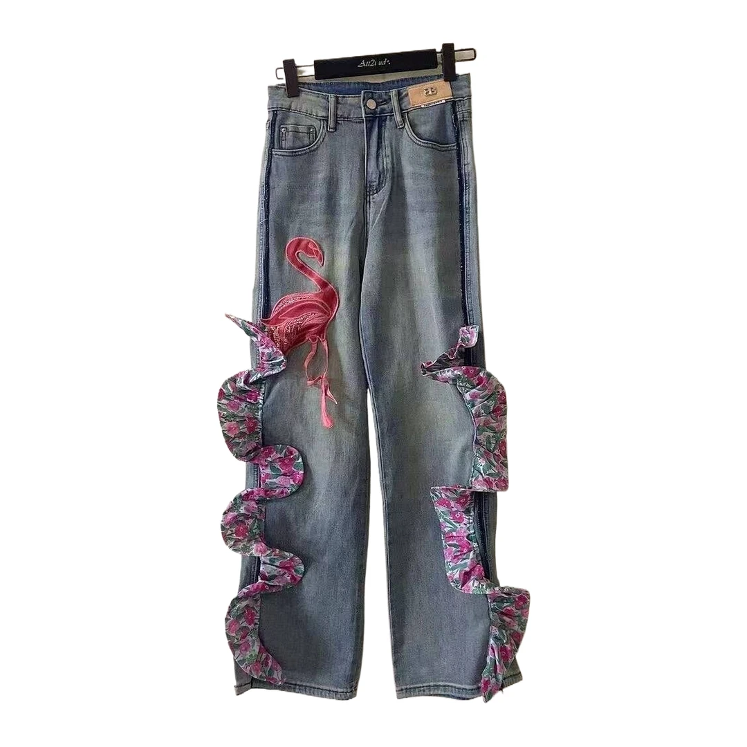 ATT潮牌女装2025欧洲站度假风甜美花卉刺绣立体拼接重工牛仔裤