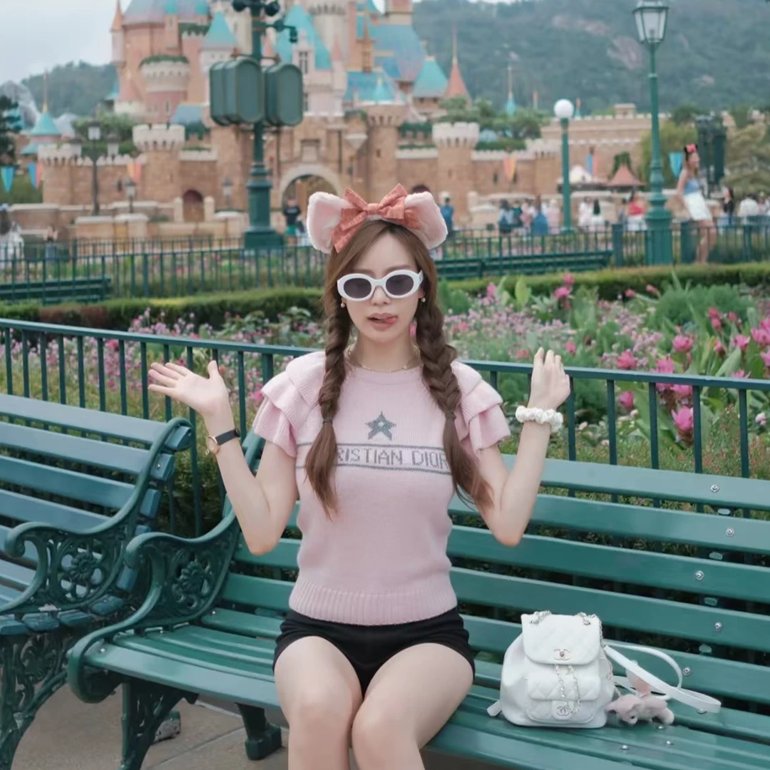 未使用 DIOR/迪奥 Logo字母印花荷叶袖图案领套头针织衫/34