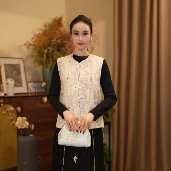 民族风中式女宽松型刺绣传统中国风圆领马夹复古绣花马甲HS25818