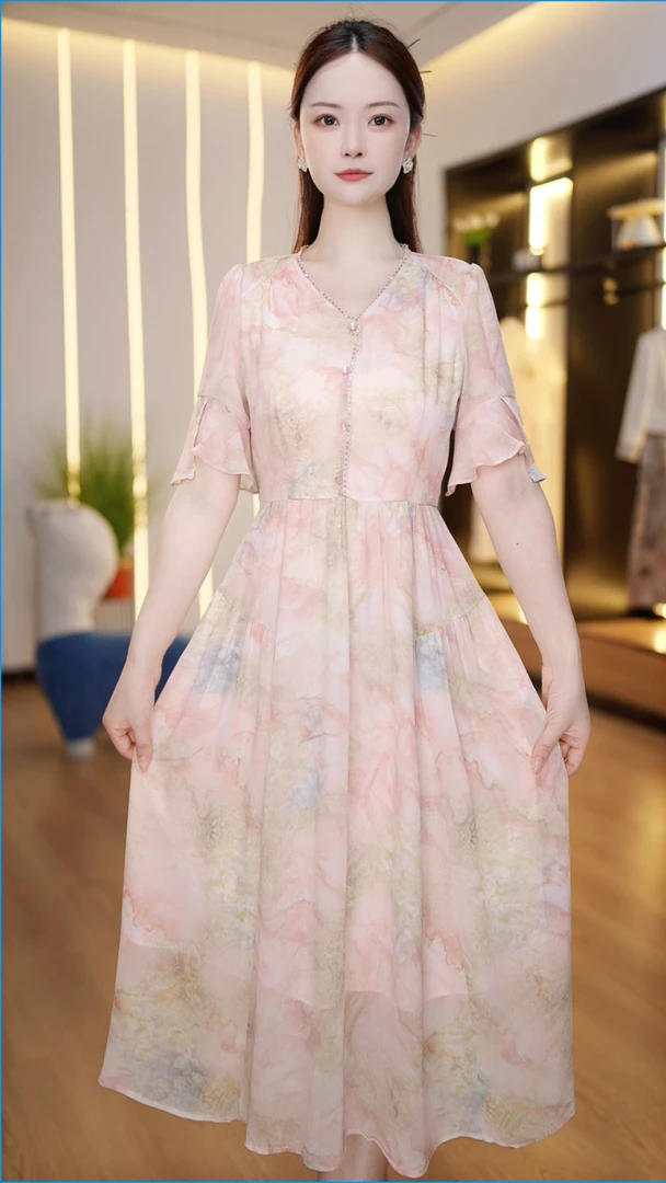 高级感洋气短袖连衣裙女2025夏装新款妈妈装显瘦时尚气质长裙子