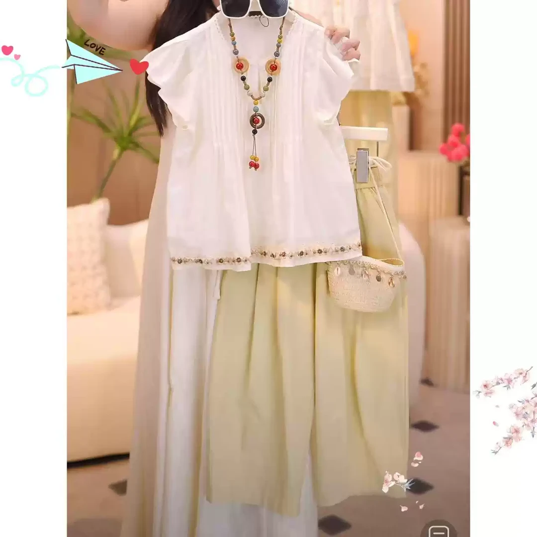 女童飞袖娃娃衫九分裤套装修夏季2025新款度假风上衣T恤阔腿裤潮