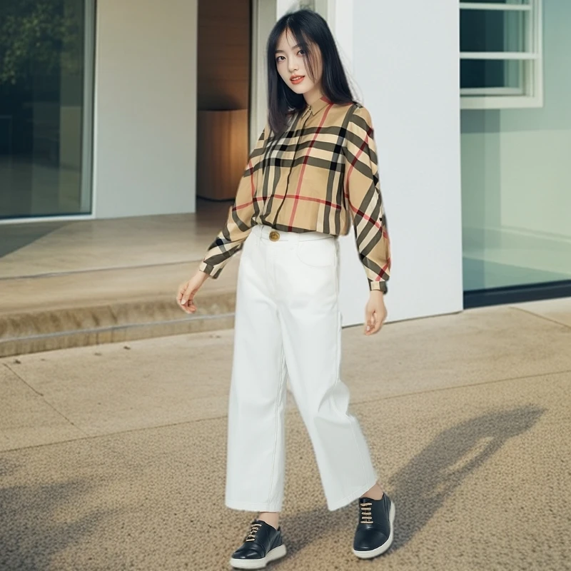 99新 BURBERRY/博柏利 11214438经典格纹翻领收腰衬衫 卡其色 L码