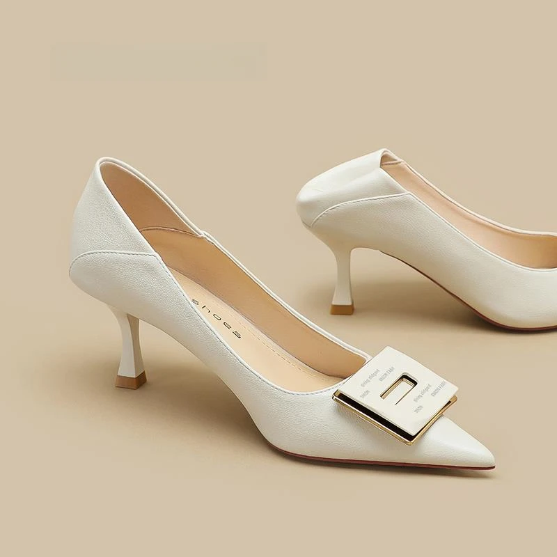 Moleubak真皮白色高跟鞋女软皮职业装气质名媛低跟小码单鞋4-6cm