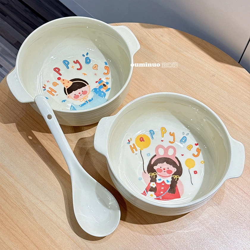 A【家有儿女】大容量1碗1勺8.5英寸大汤碗陶瓷釉下彩双耳防烫组合