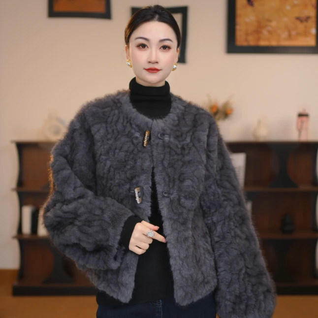 【会会】灰紫色女士短款毛毛外套设计师冬季气质精致百搭小香风