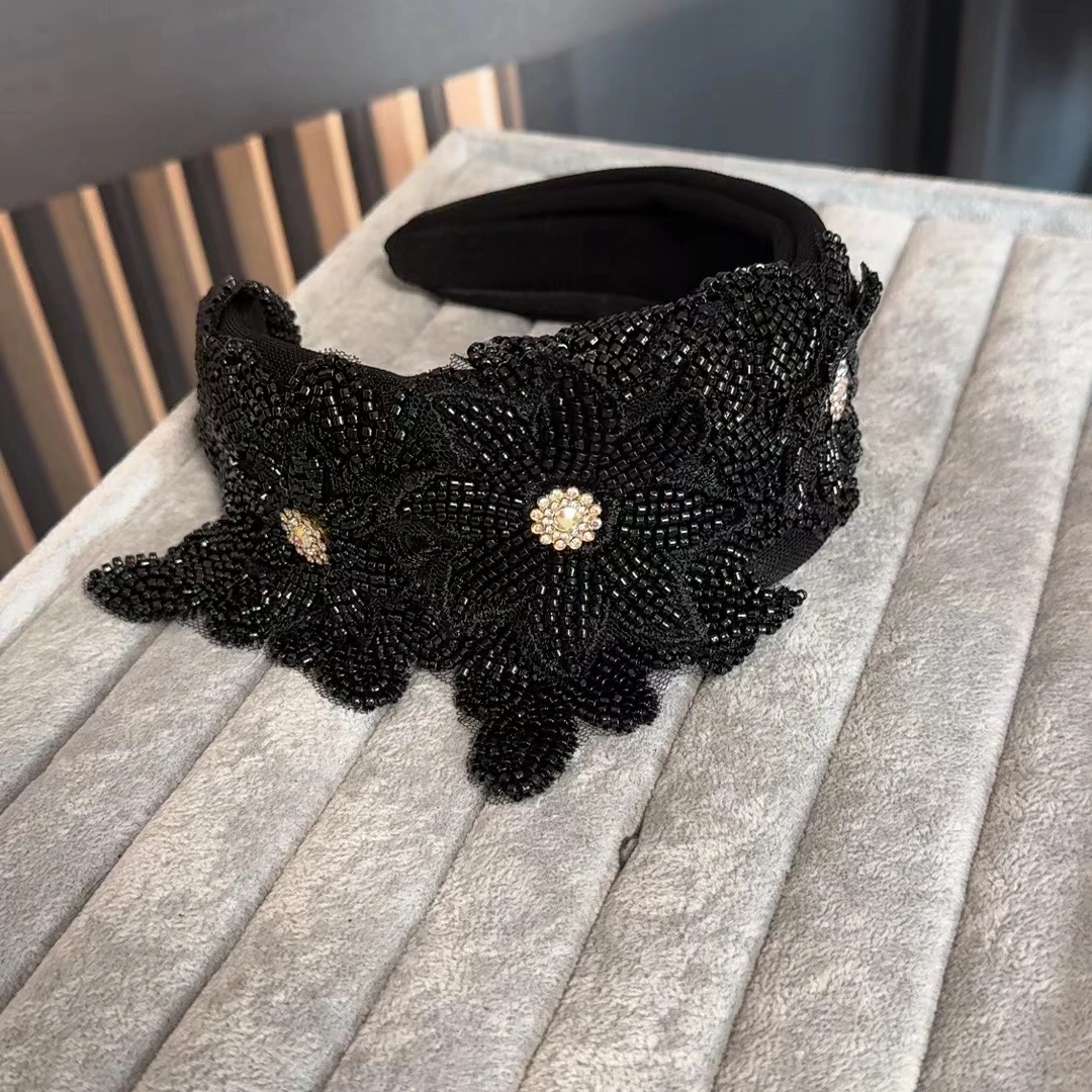 津玲【珠花】黑色纯手工高级小米珠发箍发卡洋气百搭宽发卡发饰6688