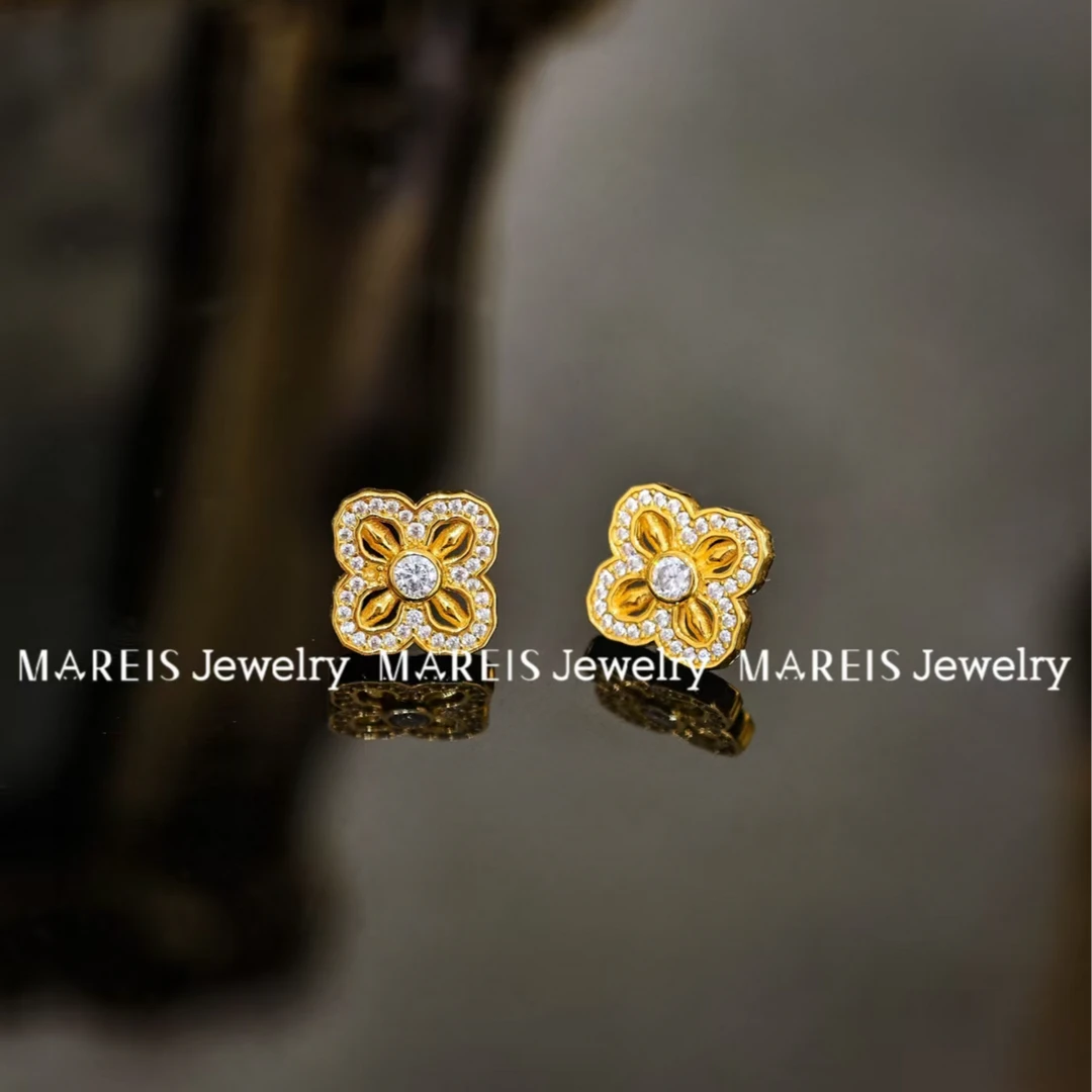 925银合成锆石耳饰 MAREIS S925银镀24k金色 金刚杵耳钉