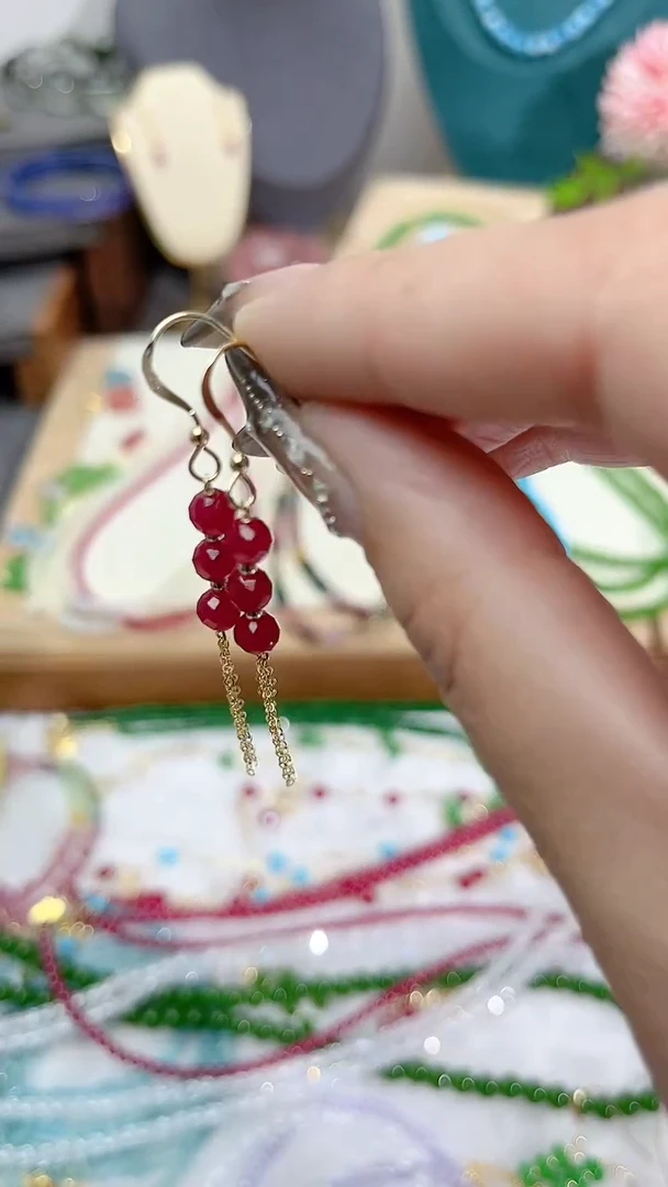 【闪购商品】红宝石耳饰14K金镶嵌三颗流苏59