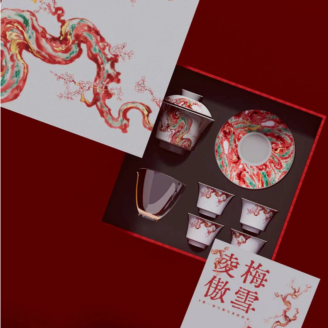 金冠陶瓷白瓷粉彩春回大地（三才盖碗四杯一公道）高档茶具礼盒套组