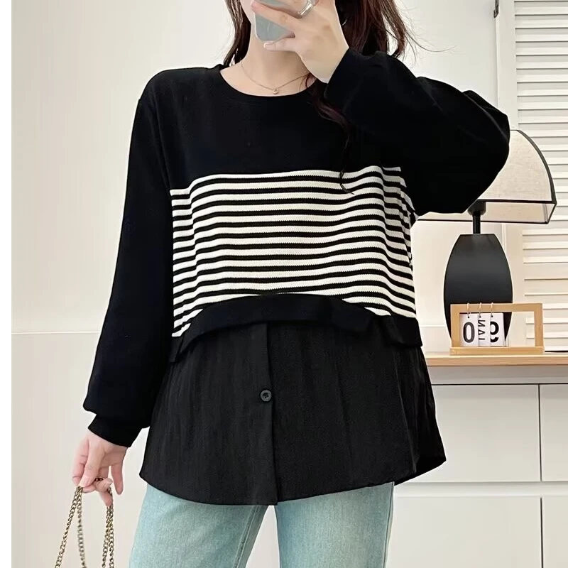 大码女装春季新款休闲百搭宽松显瘦拼接条纹圆领设计感衬衫