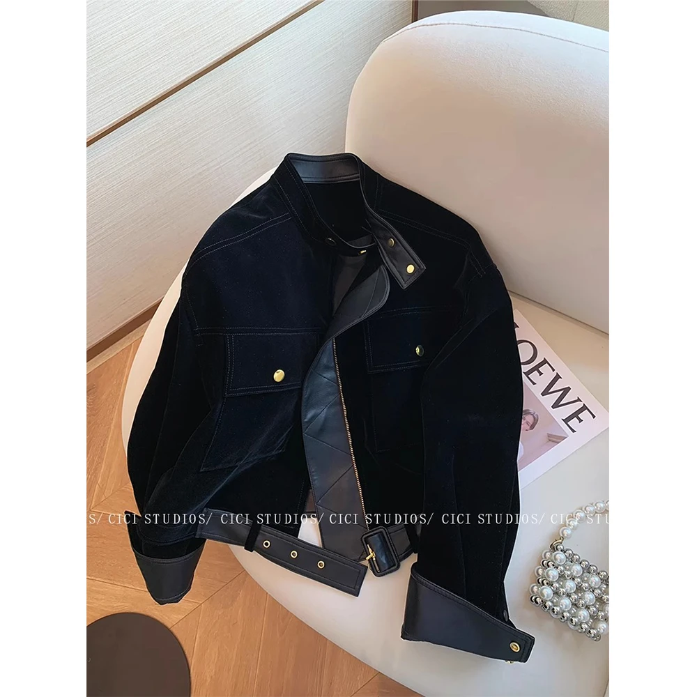 黑色pu皮拼接绒面立领短外套女2025秋季新款复古美式气质显瘦上衣