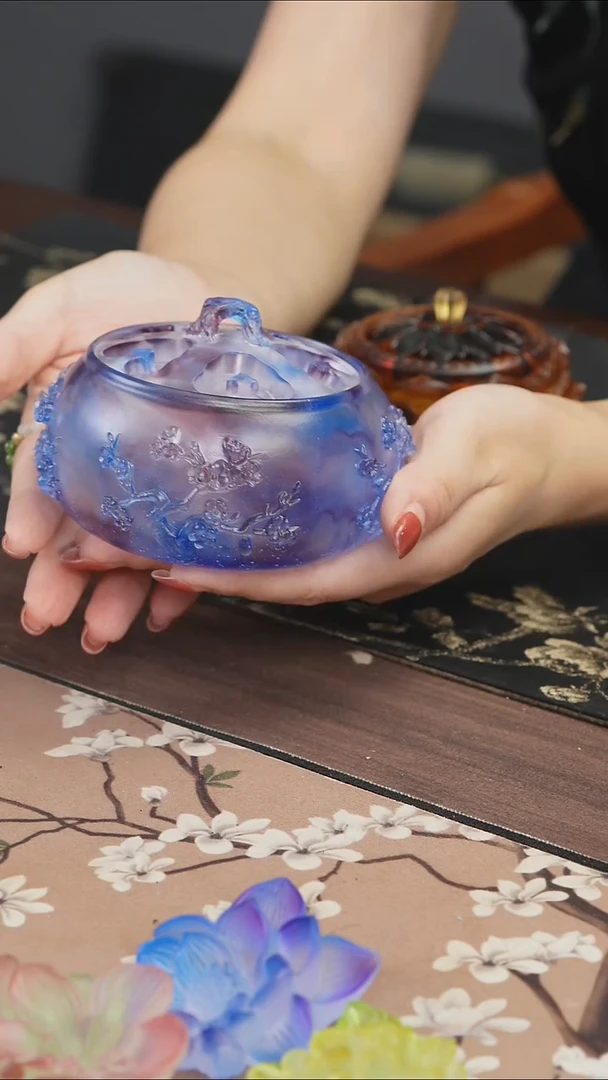 手工艺品琉璃蓝紫色梅花香炉