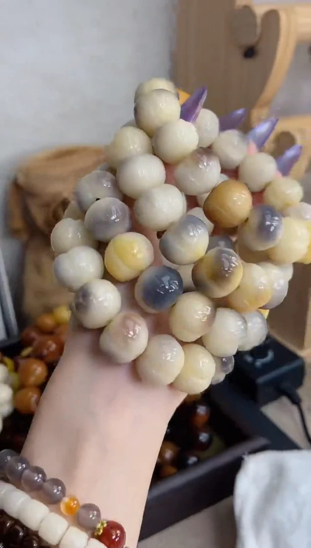 菩提根/象牙果手串d77紫美人玉化拉丝屁桃16*18瑕疵不补随机