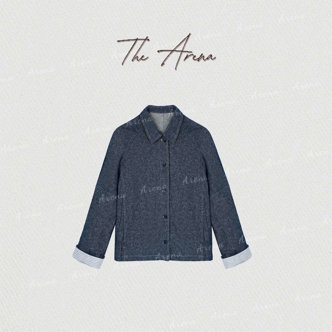 THE ARENA"绅士靛蓝"亚麻格纹拼色直身外套H1J127