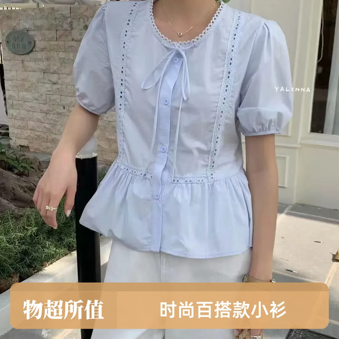 韩系小众蕾丝花边衬衫甜美系带蝴蝶结宽松显瘦上衣