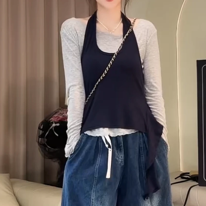 【呼吸两件】早秋假两件韩系挂脖飘带设计感上衣时尚两件LK2505631