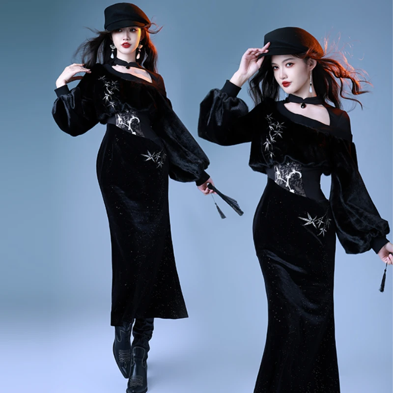 四斤自制【竹姿】毛绒保暖假两件显瘦竹刺绣秋冬新中式鱼尾旗袍裙