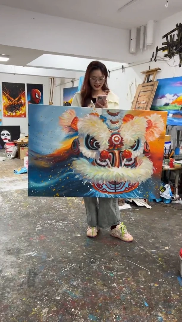 【闪购商品】丙烯画薇横板蓝白醒狮加框