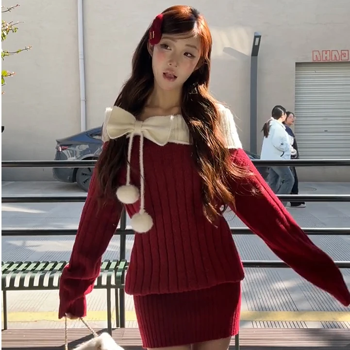 法式圣诞节一整套针织连衣裙女秋冬季一字夏季法式春夏季法式针织