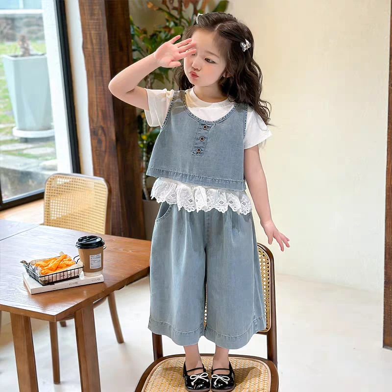 2025新款女童超好看夏装套装牛仔洋气时髦儿童女宝宝潮裤套装穿搭