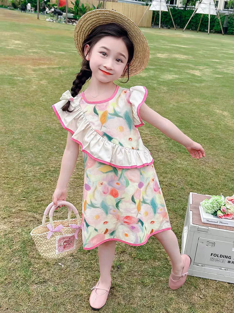 女童夏装连衣裙2025新款儿童飞袖背心裙子夏季棉布碎花公主裙7365