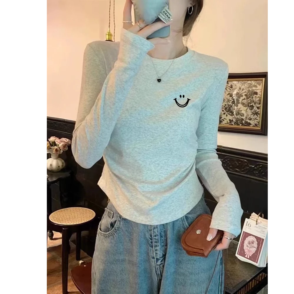 弧形下摆褶皱正肩长袖t恤打底衫女2025新款圆领早春秋款内搭上衣