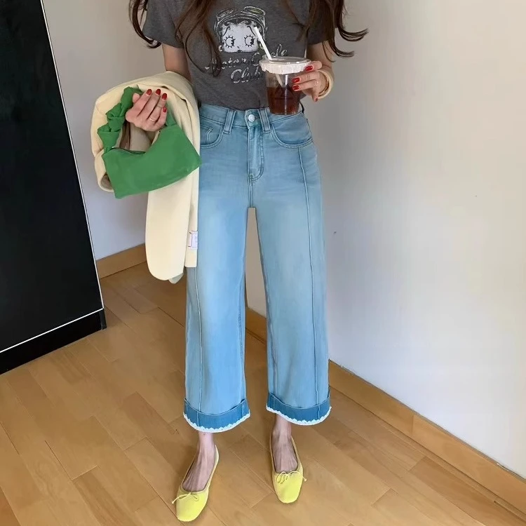蕾丝翻边阔腿牛仔裤女2025夏季新款连梨形身材高腰显瘦九分直筒裤