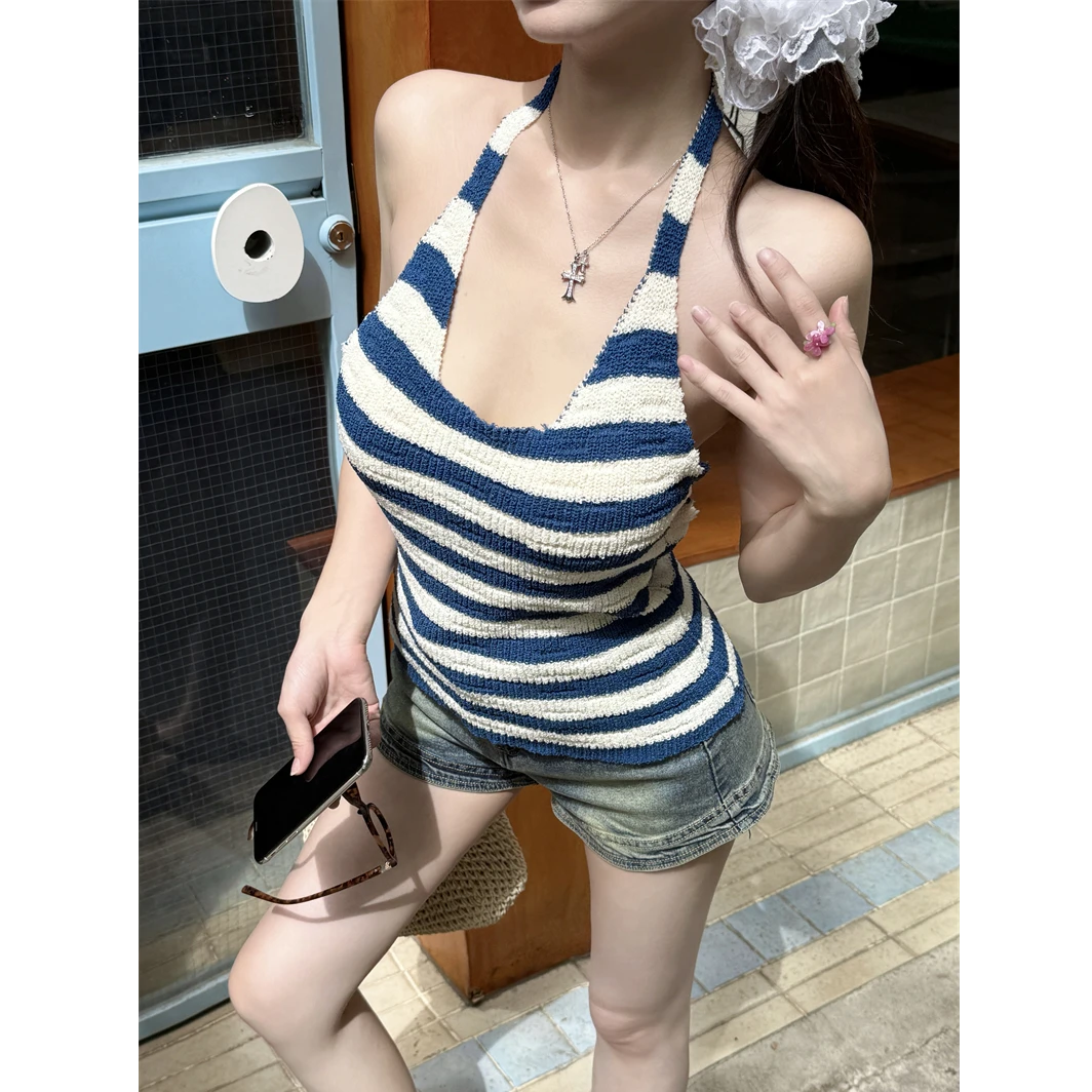 【海盐凉风】通勤冰感纱线露背条纹挂脖背心显瘦辣妹百搭修身上衣