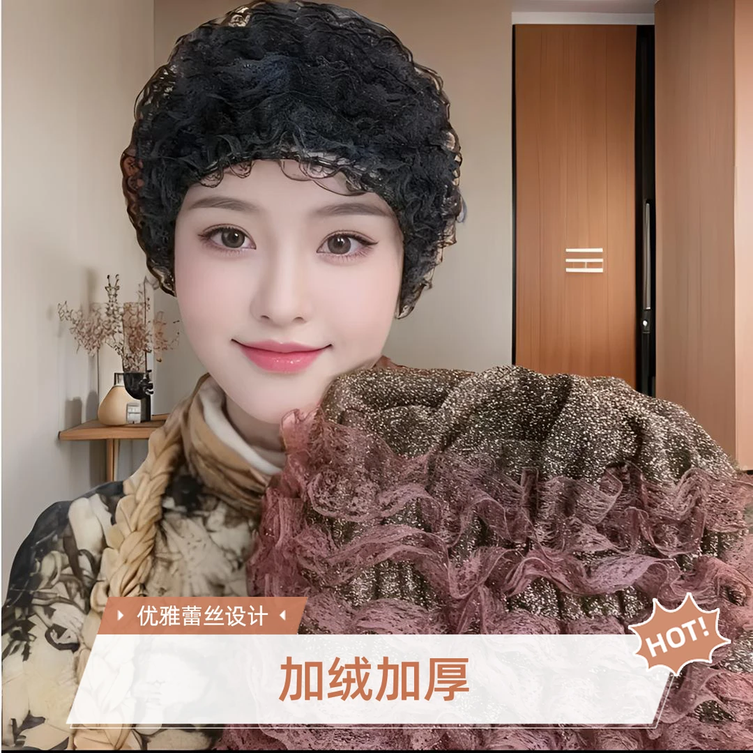 加绒加厚包头帽防风保暖遮白发美人帽蕾丝帽骑行高颜值光头老人帽