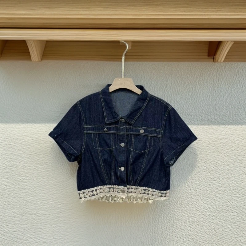 5898重工蕾丝接拼牛仔衬衫女装气质显瘦时尚百搭牛仔上衣