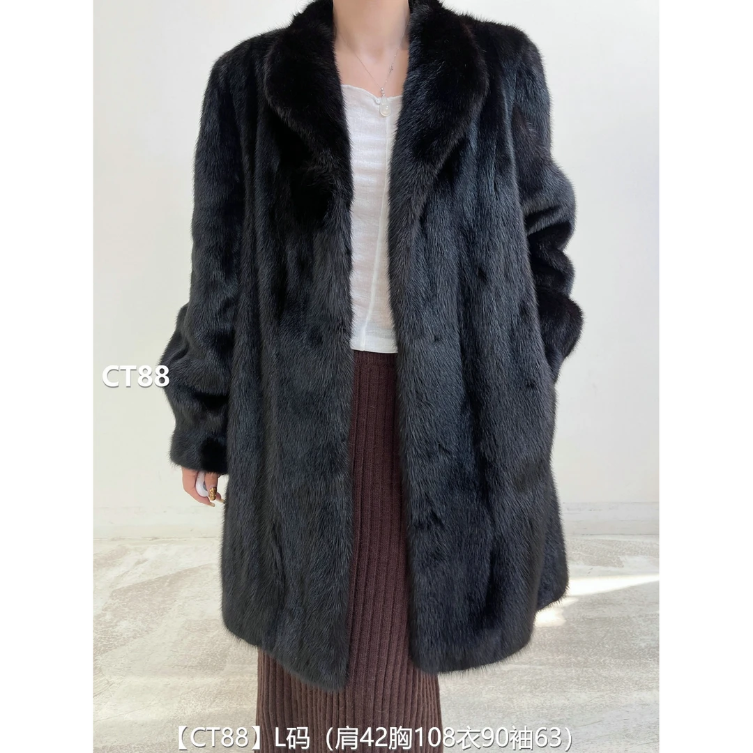 【CT88】L码 本黑色全抽长款貂皮大衣皮草外套 翻领泡泡袖