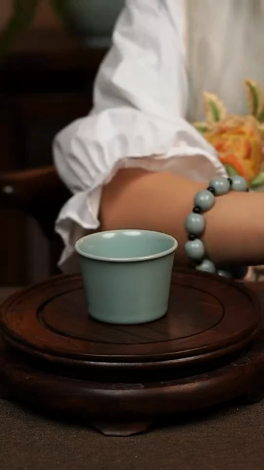 瓷片仿古天青全手马蹄杯80ml微瑕不带礼盒