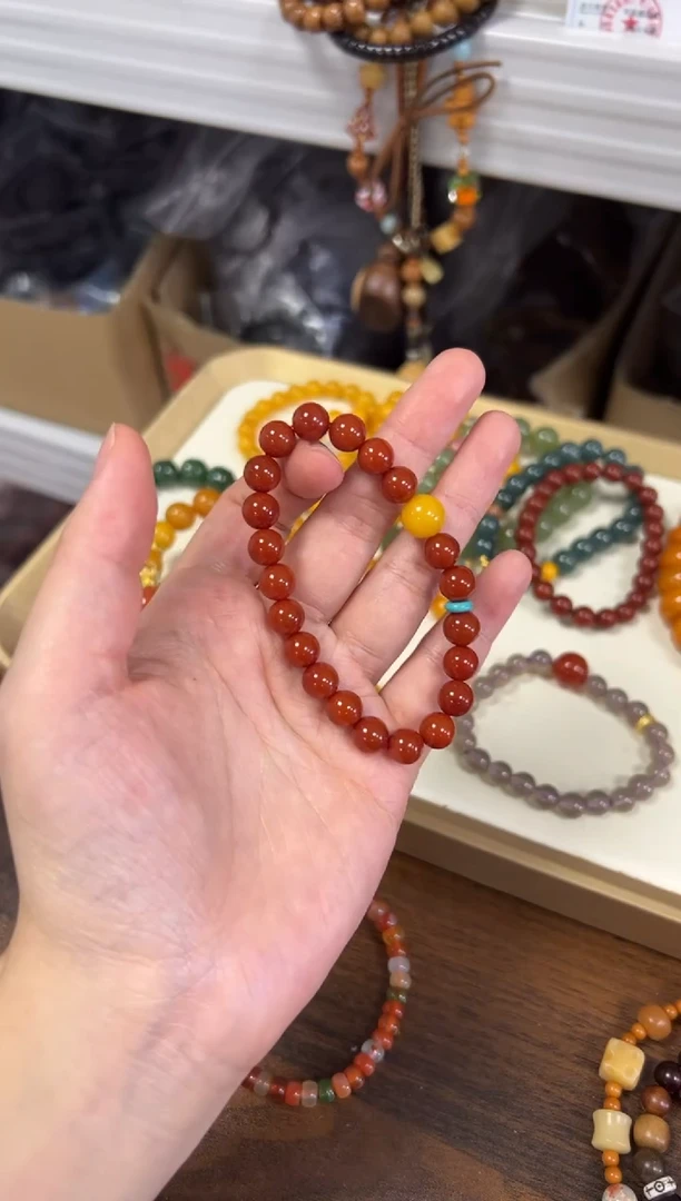 未镶嵌蜜蜡手链柿子红玛瑙蜜蜡顶珠手串8MM[1710]